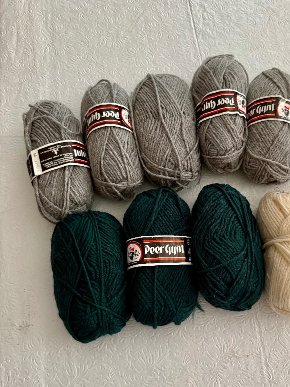 Peer Gynt wool yarn 3 Green Skeins and 5 Gray Skeins